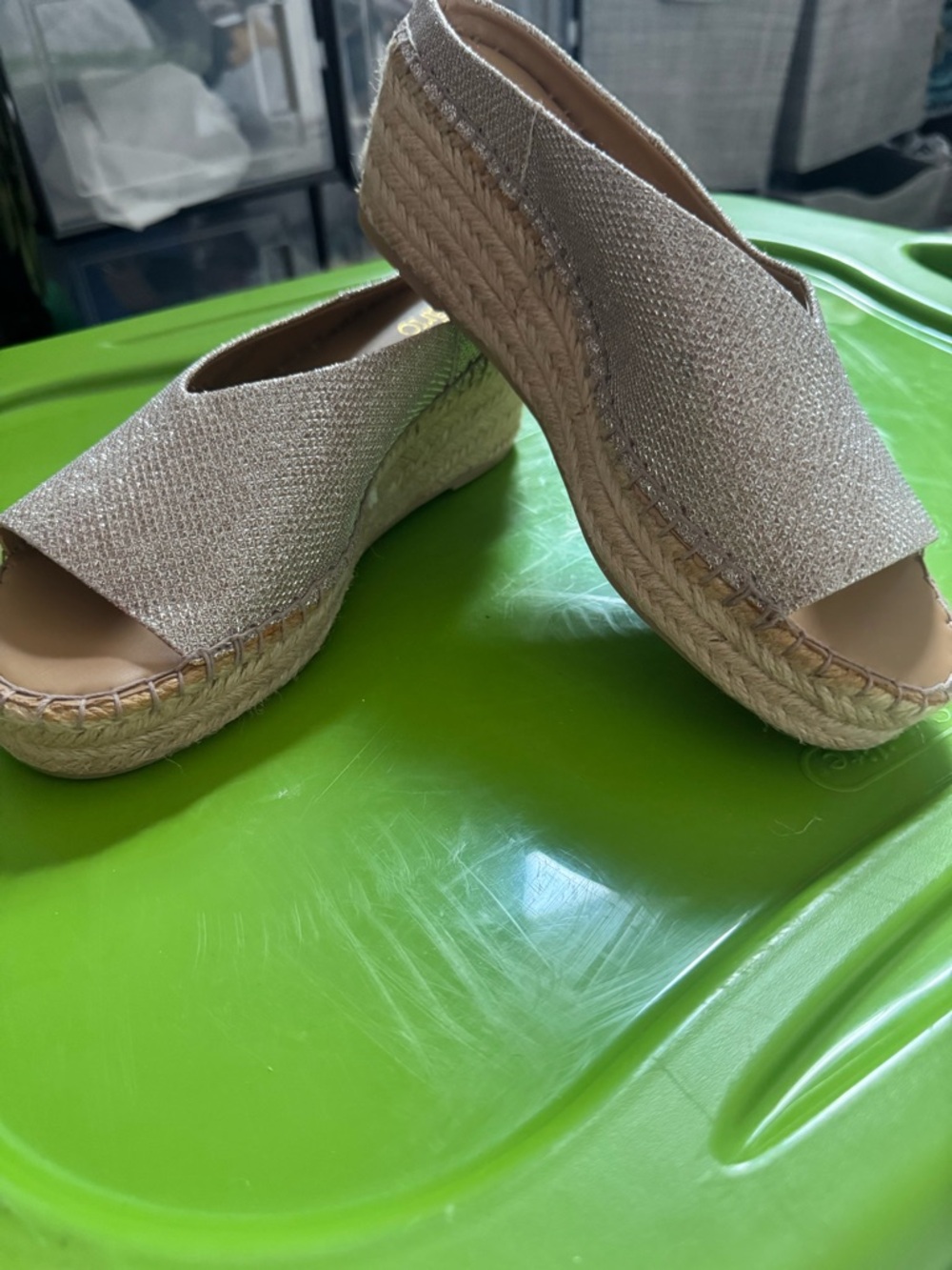 Franco Sarto Metallic Beige Open-Toe Espadrille Wedge